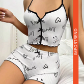 Heart-Shaped Print Contrast Color Home Wear Front Slit Suspender Pajamas Set